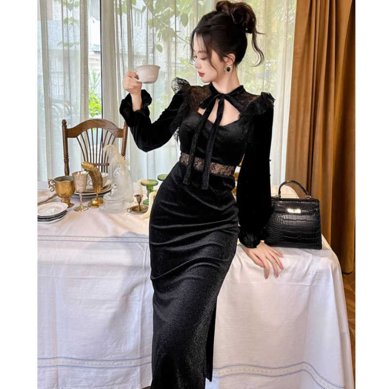 ウエストコンシャスボウタイベロアワンピース