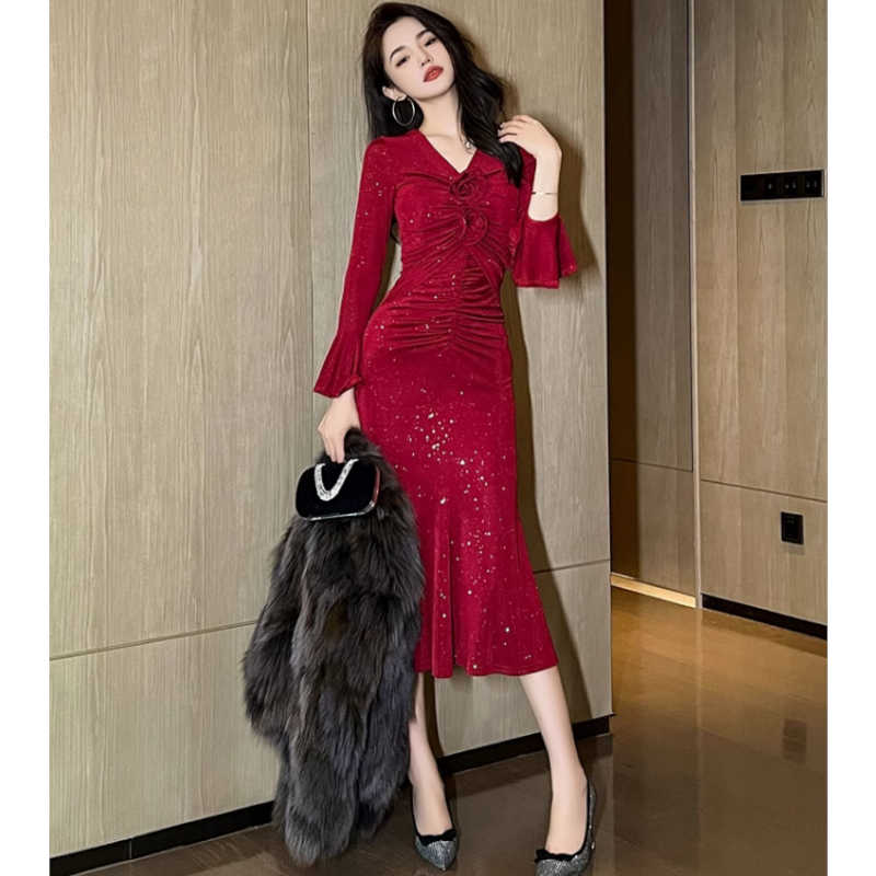 ローズモチーフフロントシャーリングマーメイドワンピース