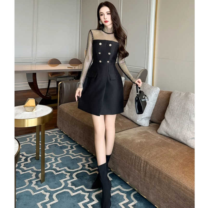 パールメッシュフロントボタンスリットミニワンピース