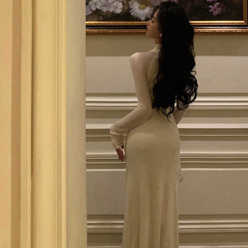 シアーコンビフロントオープンチャイナニットワンピース