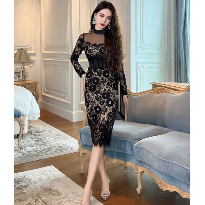 シアーコンビ花柄レースペンシルワンピース