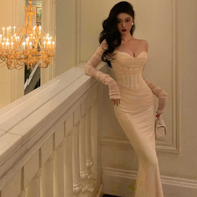 オフショルダーボディギャザーマーメイドドレス