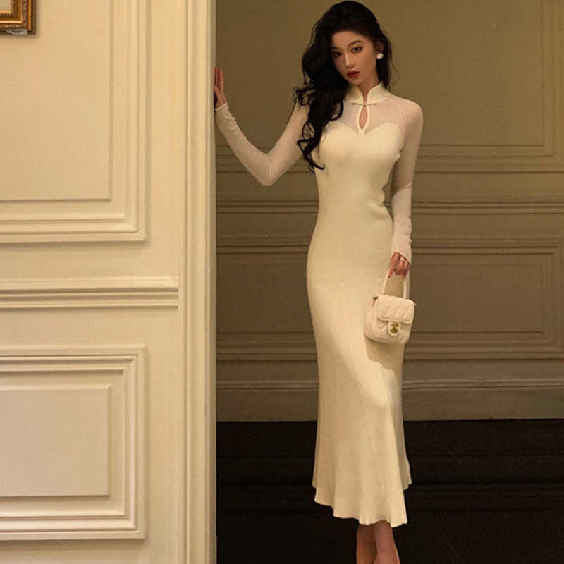 シアーコンビフロントオープンチャイナニットワンピース