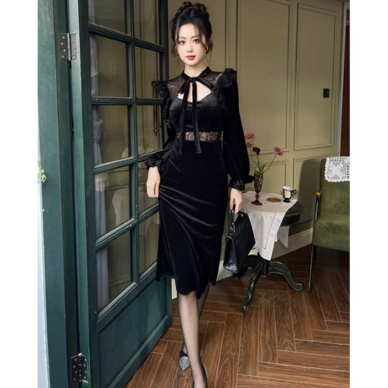 ウエストコンシャスボウタイベロアワンピース