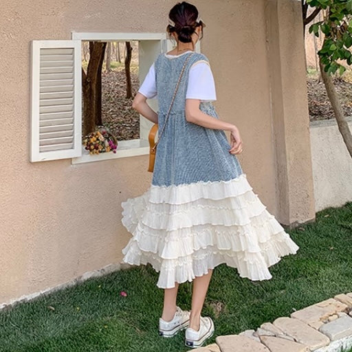 Tシャツ×裾フリルティアードノースリーブワンピース ツーピース