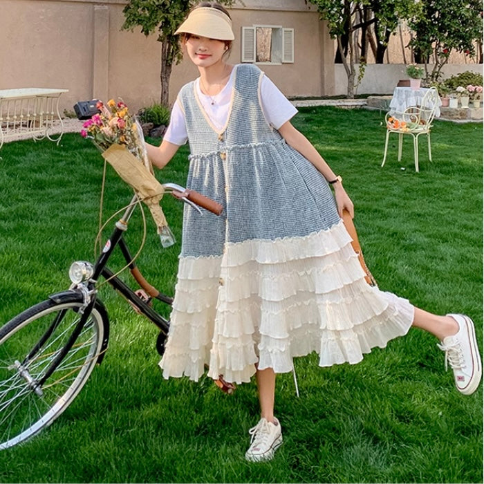 Tシャツ×裾フリルティアードノースリーブワンピース ツーピース