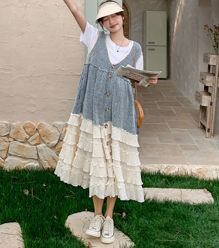 Tシャツ×裾フリルティアードノースリーブワンピース ツーピース