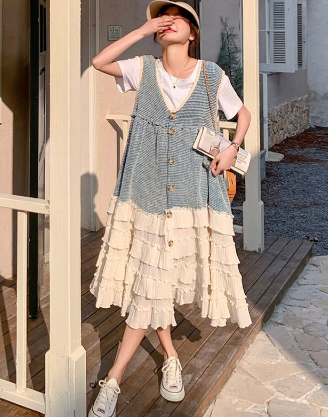 Tシャツ×裾フリルティアードノースリーブワンピース ツーピース