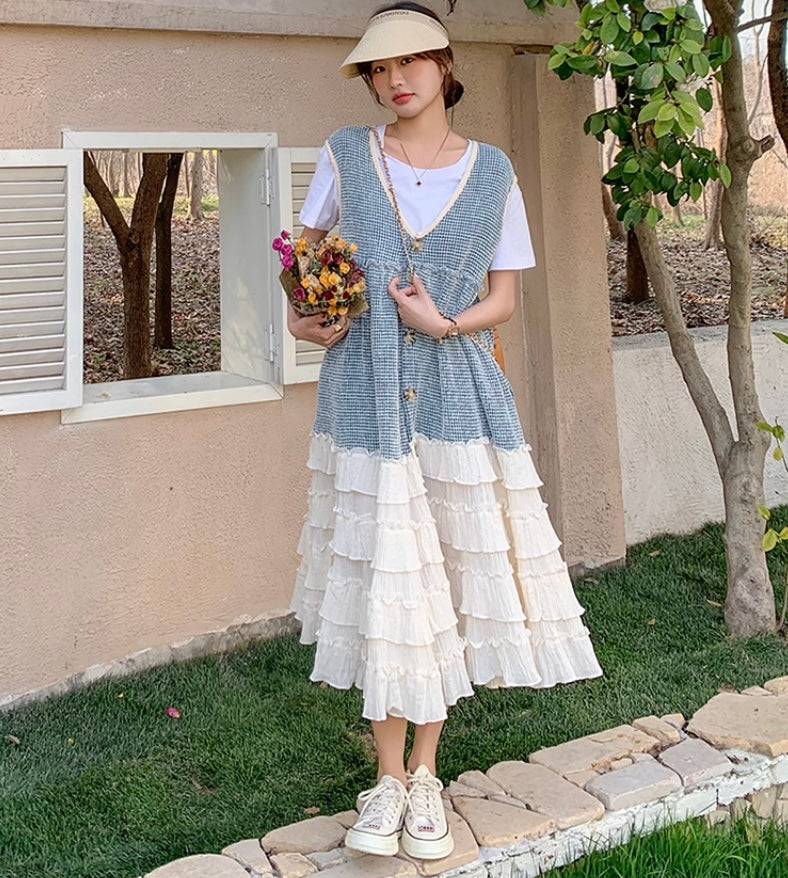 Tシャツ×裾フリルティアードノースリーブワンピース ツーピース