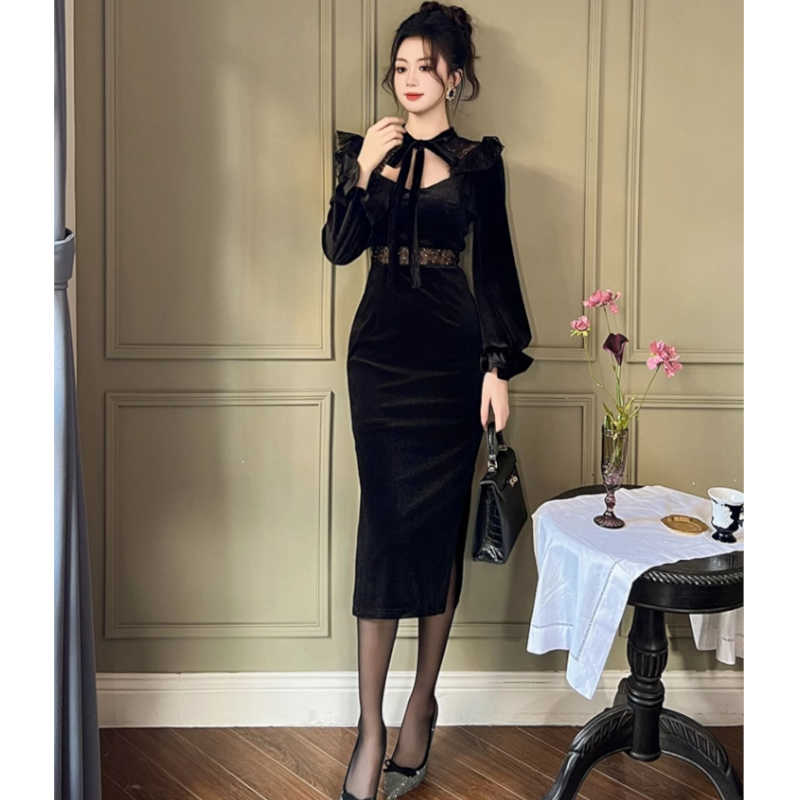 ウエストコンシャスボウタイベロアワンピース