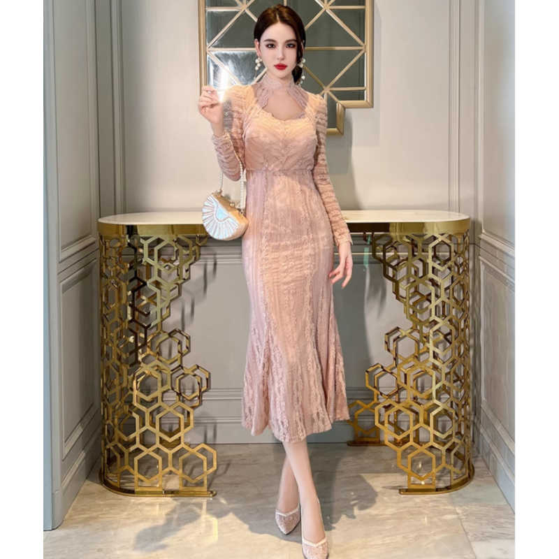 フロントオープンジオメトリックレースマーメイドワンピース