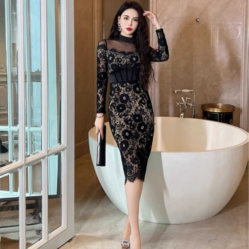 シアーコンビ花柄レースペンシルワンピース