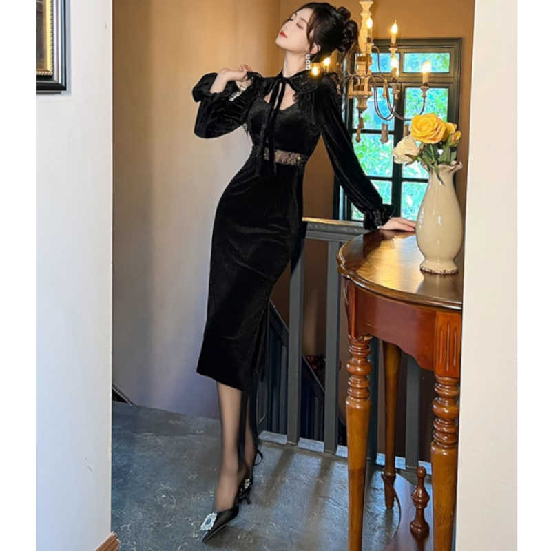 ウエストコンシャスボウタイベロアワンピース