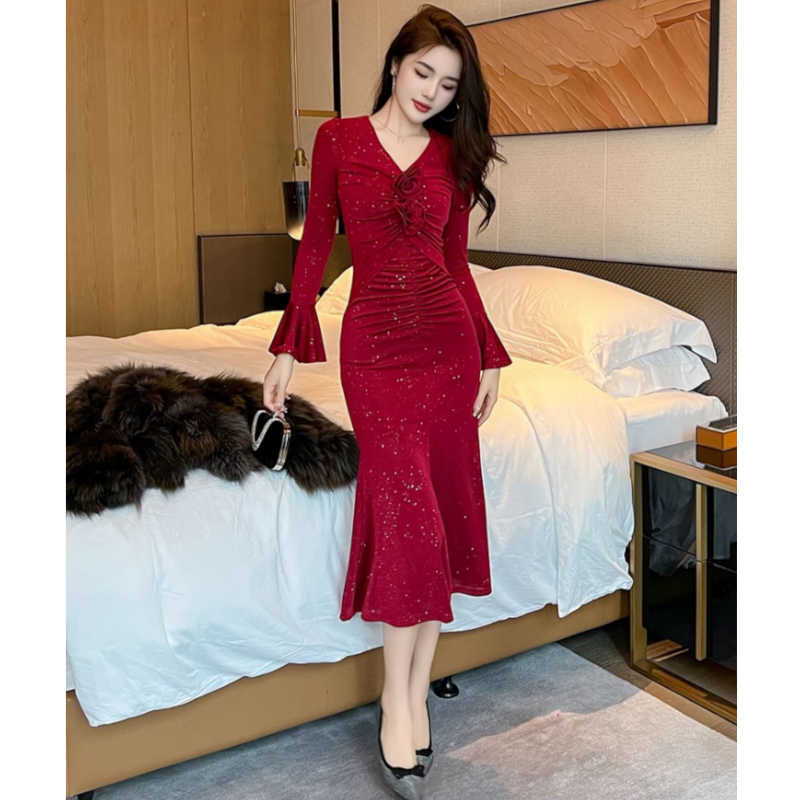 ローズモチーフフロントシャーリングマーメイドワンピース