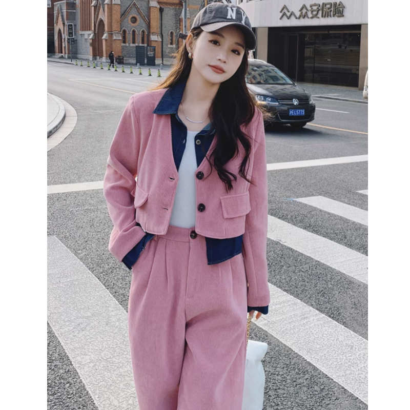 デニムシャツコンビクロップドジャケット×ワイドパンツ or ナロースカート(2colors / 2type)