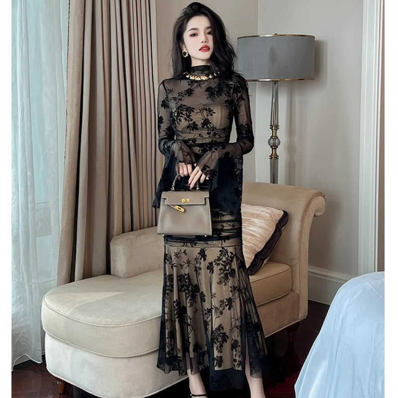 花柄シアーギャザーマーメイドドレスワンピース