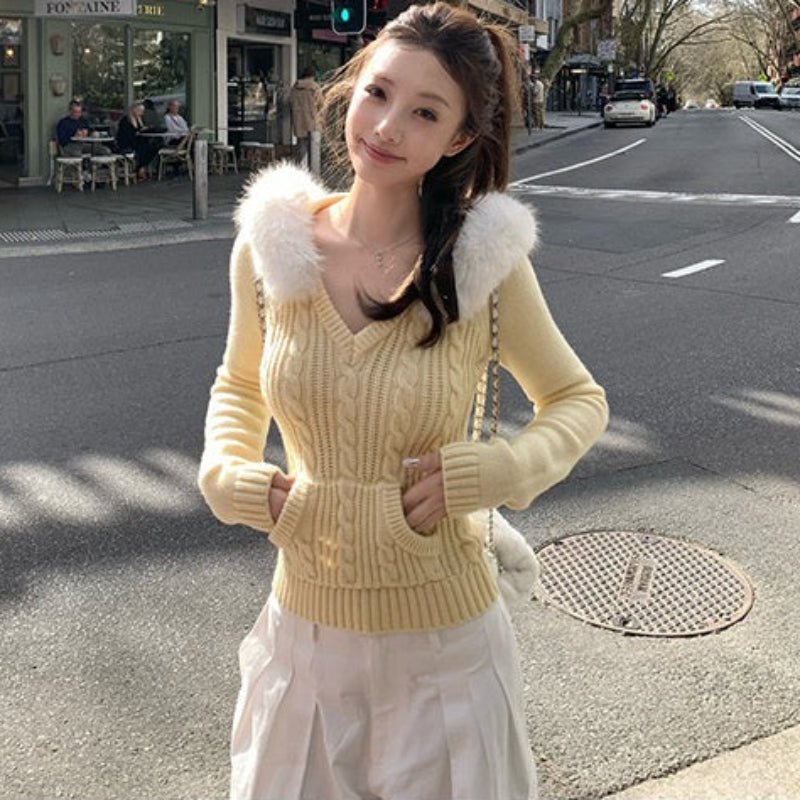 ファーフード付きケーブルニットセーター(2colors)