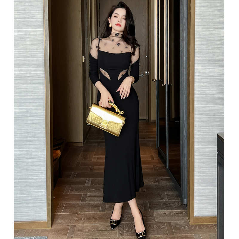 花柄シアーコンビマーメイドマキシワンピース