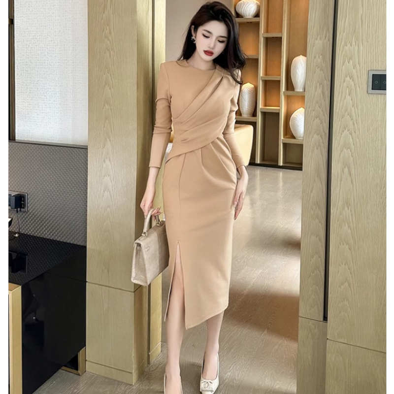 【即納】アシメドレープサイドスリットペンシルワンピース