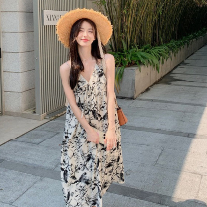 ダブルストラップボタニカルプリントワンピ