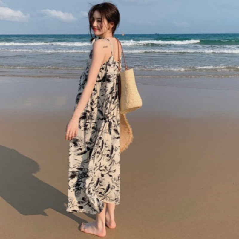 ダブルストラップボタニカルプリントワンピ