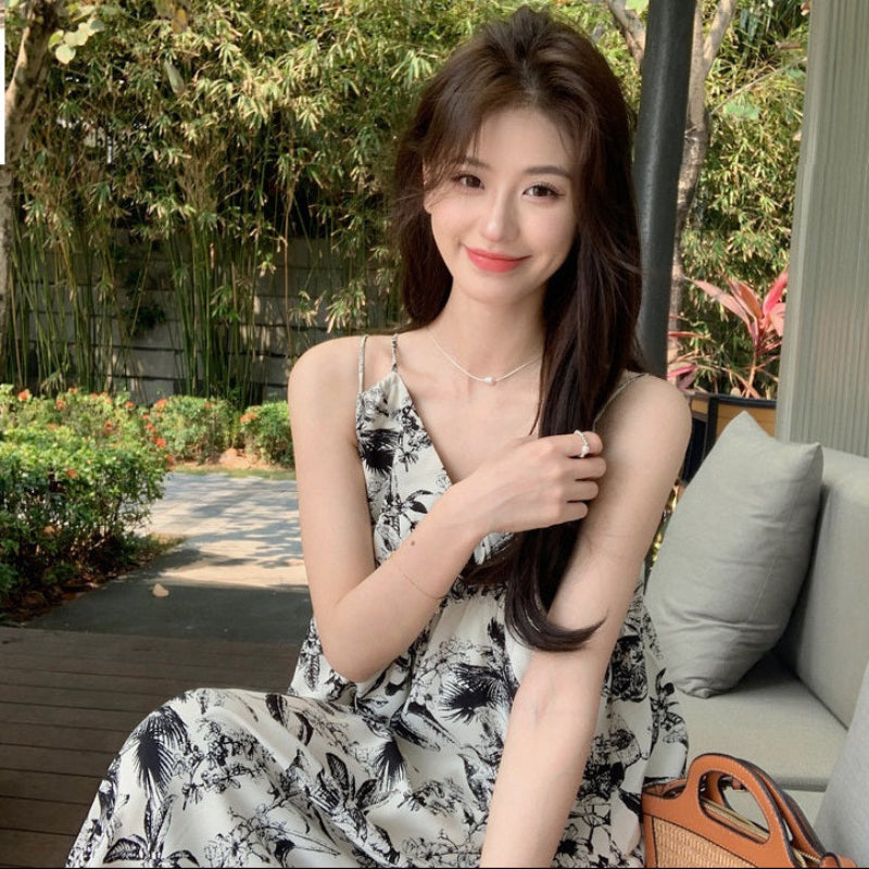 ダブルストラップボタニカルプリントワンピ