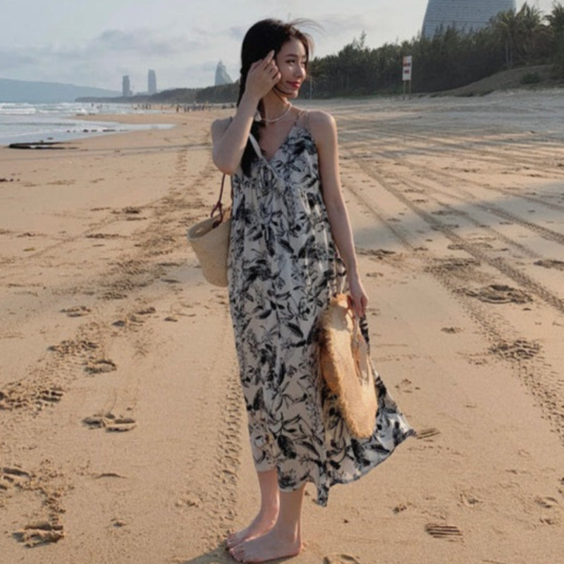 ダブルストラップボタニカルプリントワンピ