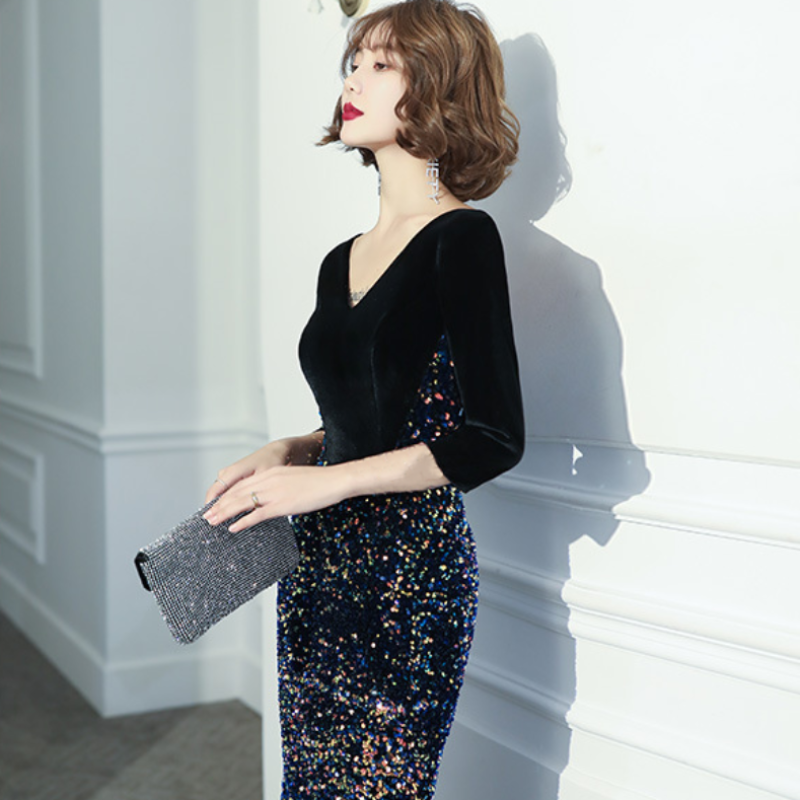 スパンコール切り替えマーメイドドレス(2colors)