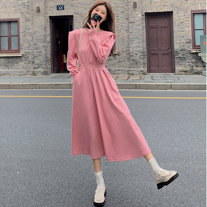 ピンクスウェット長袖Aラインワンピース