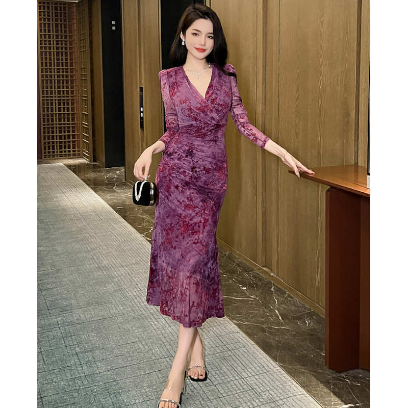 花柄シアーカシュクールマーメイドワンピース(2colors)