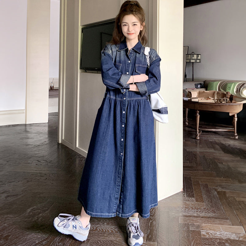 ロング丈デニムシャツワンピース