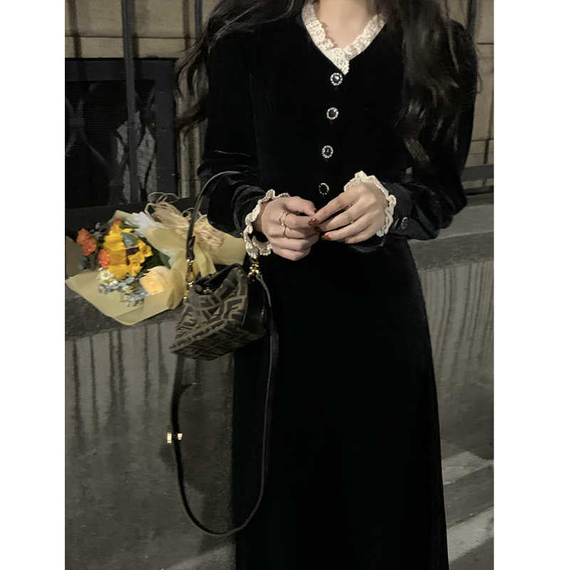 レースコンビフロントボタンベロアロングワンピース