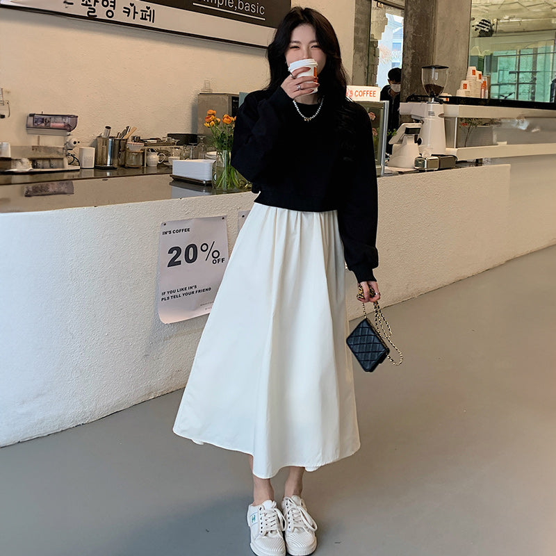 ショート丈ニットトップス×ロング丈シャツコンビ風ワンピース