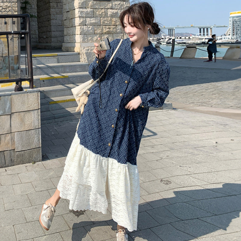 ジャガードデニム×レースティアードロングワンピース