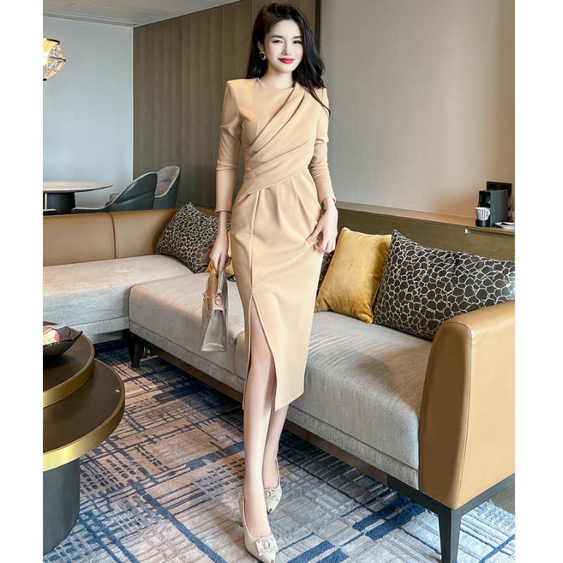 【即納】アシメドレープサイドスリットペンシルワンピース