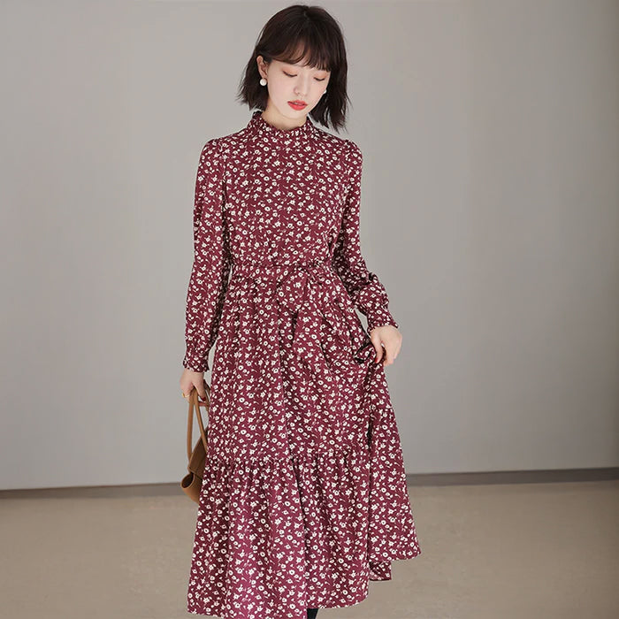 小花柄スタンドカラーワンピース(2colors) (赤・茶) 秋/冬/春 上品で