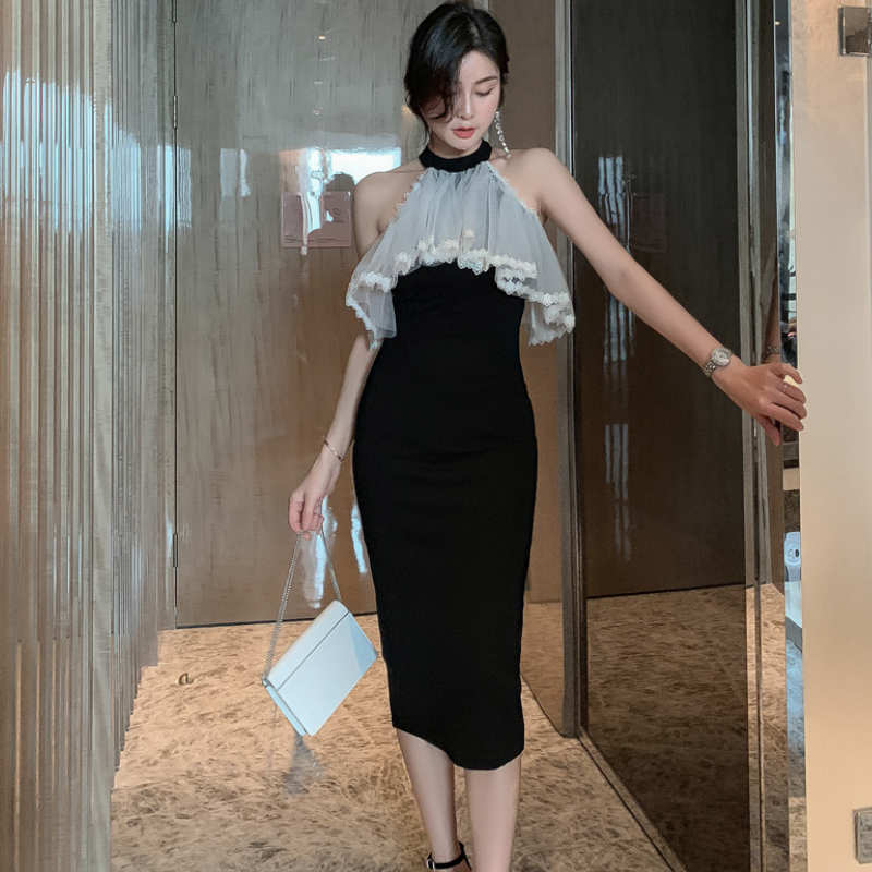 シアーラッフルコンビオープンショルダーペンシルワンピース