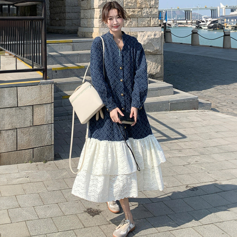 ジャガードデニム×レースティアードロングワンピース