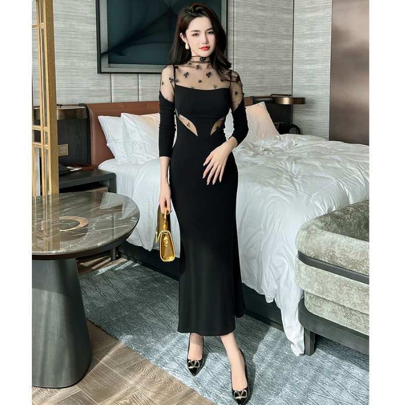 花柄シアーコンビマーメイドマキシワンピース