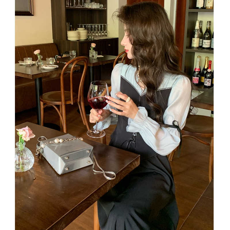 パフスリーブブラウスコンビレースアップロングワンピース