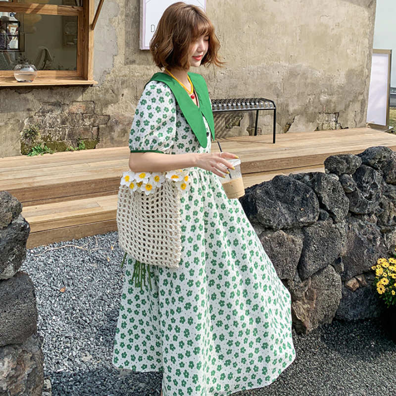 ビッグカラーレトロ花柄ロングワンピース(2colors)