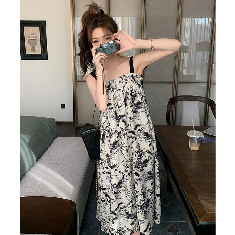 ボタニカル柄リボンショルダーワンピース