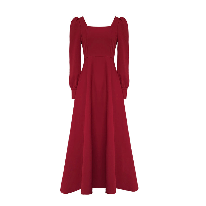 バックオープンスクエアネックレッドロングワンピース