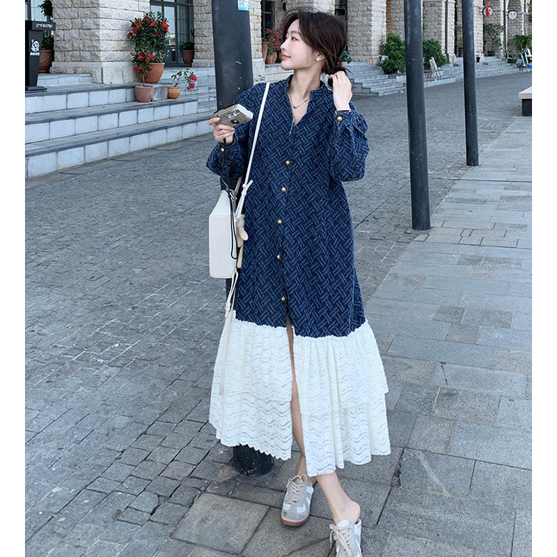 ジャガードデニム×レースティアードロングワンピース