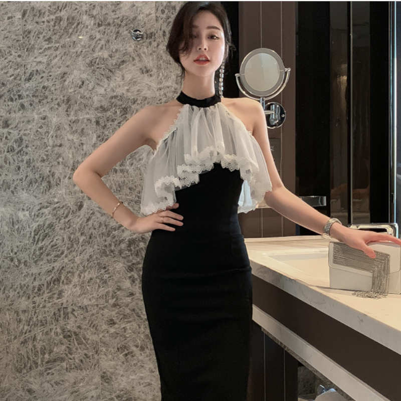 シアーラッフルコンビオープンショルダーペンシルワンピース