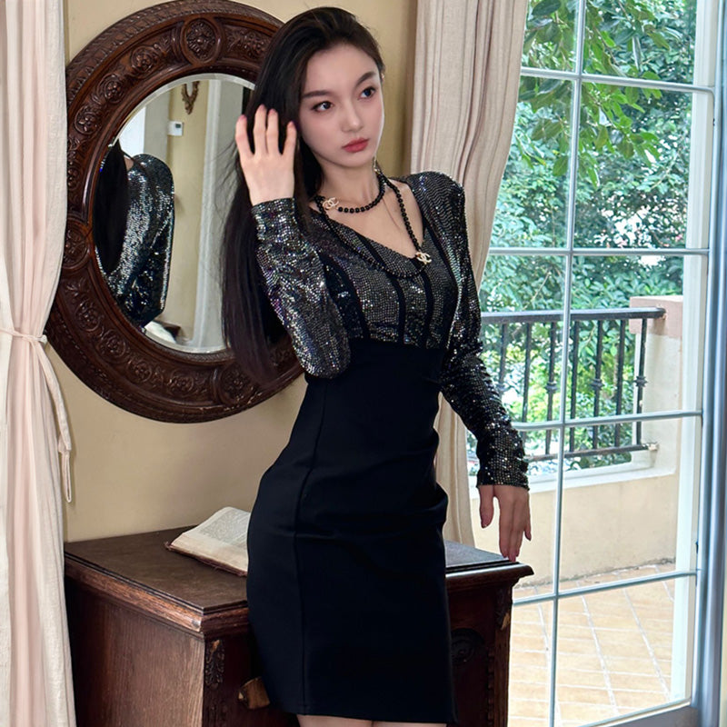 Vネックスパンコールボディコンシャスドレス(2colors)