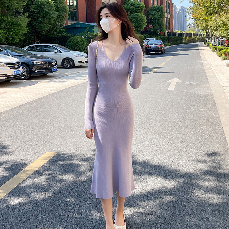 Vネックタイトニットワンピース(5colors)