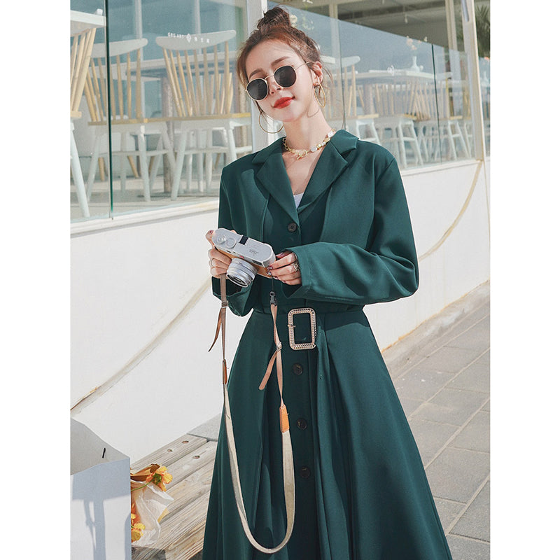 ビンテージ風ベルト付きVネックワンピース(2colors)