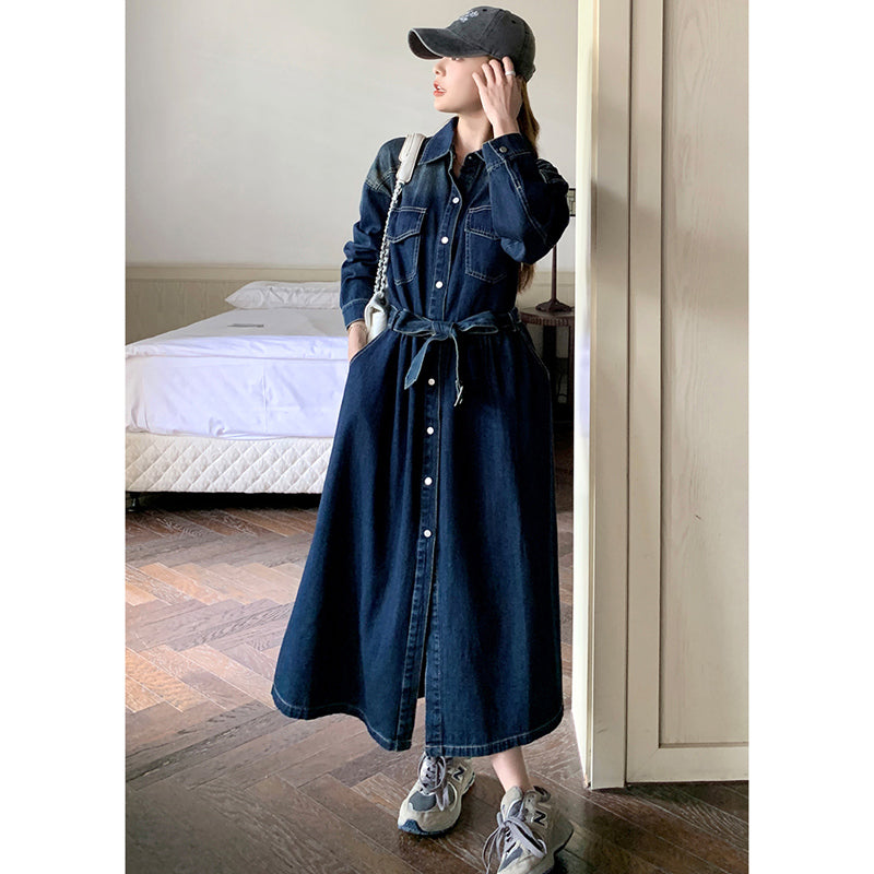 ロング丈デニムシャツワンピース