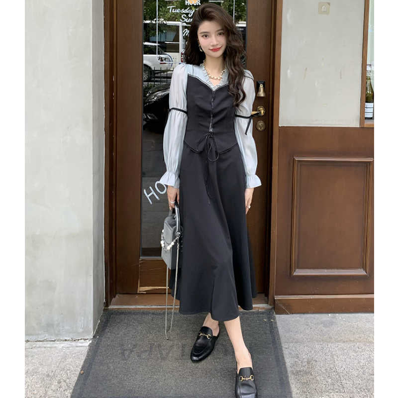 パフスリーブブラウスコンビレースアップロングワンピース